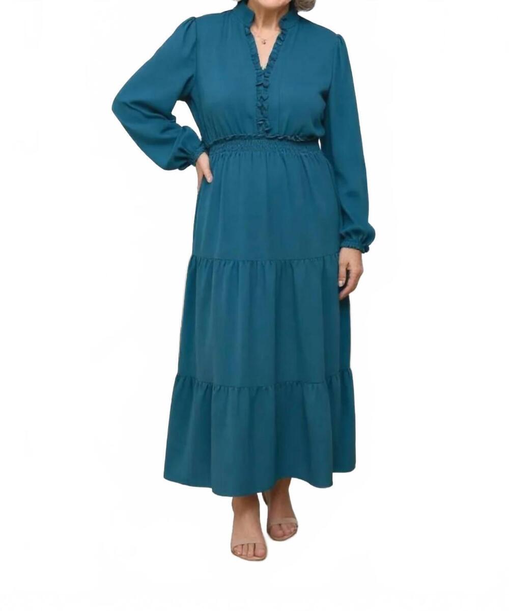NEW HAPTICS women's solid smocking waist tiered midi woven dress in teal